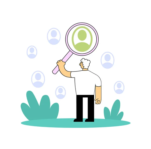 Hombre de negocios mirando los iconos de la gente a través de una lupa. Conozca su concepto de cliente. Ilustración vectorial plana. Aislado sobre fondo blanco . — Vector de stock