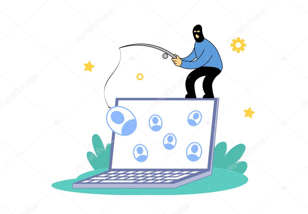 Masked robber with a fishing rode stealing data from mobile device. Concept of hacker attack, fraud, phishing, hacking. Flat vector illustration. Isolated on white background.