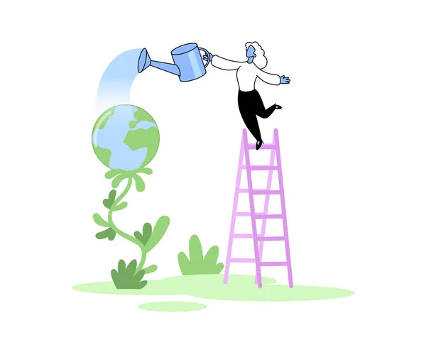 Young woman watering the globe on growing plant. Volunteers taking care about planet ecology concept. Environment, nature protection. Cartoon vector illustration. Flat style. Isolated on white. — Wektor stockowy