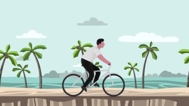 Hombre de dibujos animados montando una bicicleta al aire libre. Representación 3D, animación gráfica en movimiento . — Vídeos de Stock
