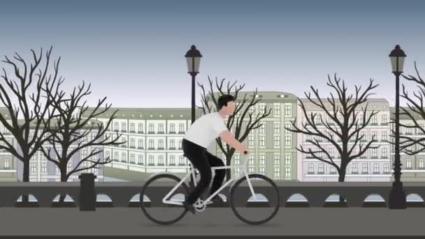 Cartoon man riding a bicycle outdoors. 3D rendering, motion graphic animation. — Stock Video