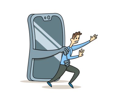 Smart phone getting a hold on a young man. Gadget addiction, social media dependency concept. Flat vector illustration, isolated on white background.