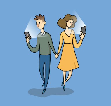 Young couple holding hands and using their phones while walking together. Flat concept illustration of people addiction to networks and spending time in internet. Isolated on blue background.