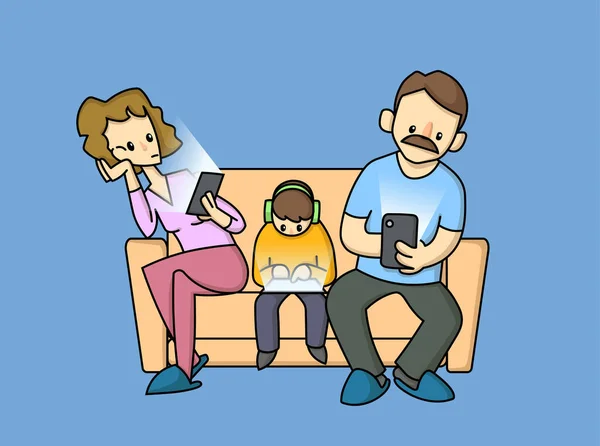 Modern family addicted to electronic gadgets sitting on a couch. Flat vector illustration, isolated on blue background. — Stockový vektor