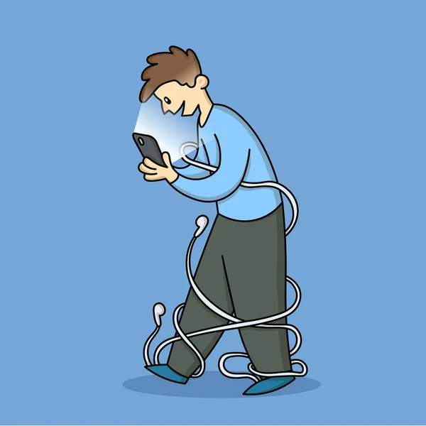 Cellphone addiction. Happy young man walking staring on the phone in his hand with wires around him. Mobile phone overuse by addicted people. Flat vector illustration, isolated. — 图库矢量图片