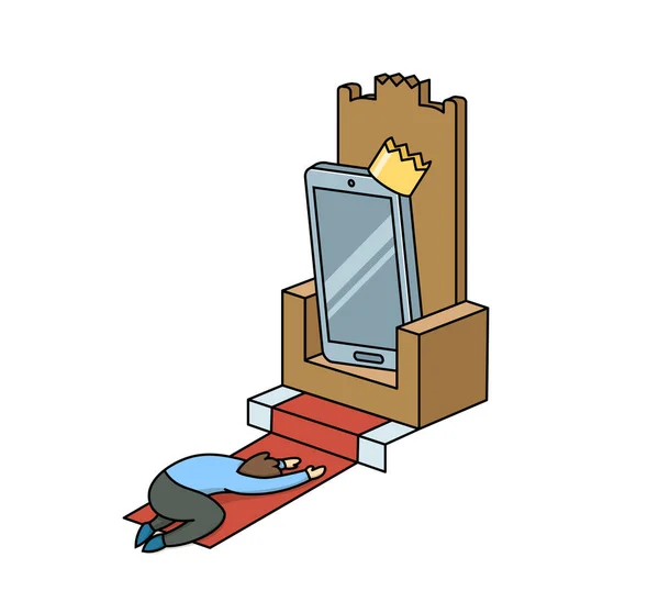 Cartoon illustration of a man worshiping a gadget on a throne. Gadget addiction, social media dependency concept. Flat vector illustration, isolated on white background. — Διανυσματικό Αρχείο