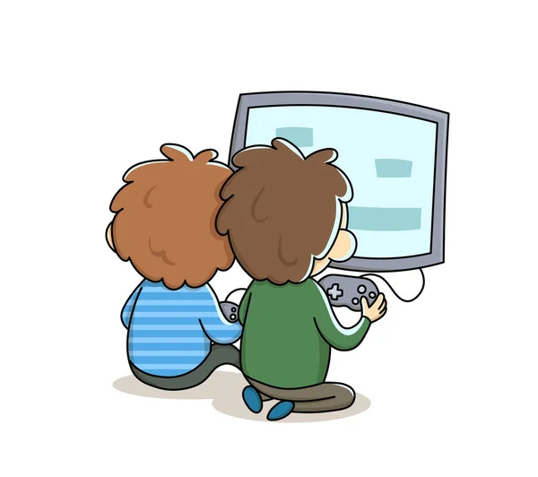 Little boys sitting in front of TV playing games. Kids dependence on a smartphone, gadget or the internet. Flat vector illustration, isolated on white background. — 图库矢量图片