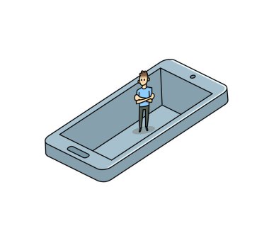 Man trapped in his smartphone like in a pit. Gadget addiction, social media dependency concept. Flat vector illustration, isolated on white background.