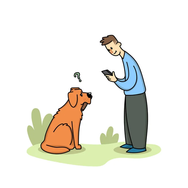 Boy stares into a gadget on a walk with a dog. Dog puzzled by the owner with a phone. Gadget addiction, social media dependency concept. Flat vector illustration, isolated on white background. — Stockvector