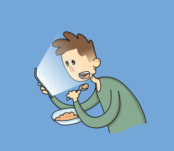 Cartoon boy eating with a phone in his hands. Telephone addiction, internet zombie. Gadget addiction, social media dependency concept. Flat vector illustration, isolated on blue background. — Stock vektor