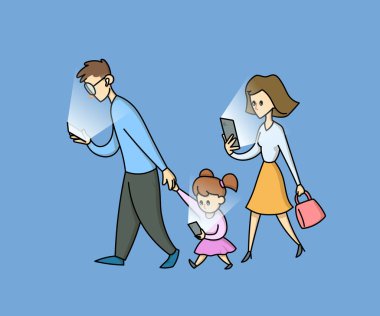 Family of three staring into their phones while waling, side view. People addicted to social networks and spending time in internet. Flat vector illustration, isolated on blue background.