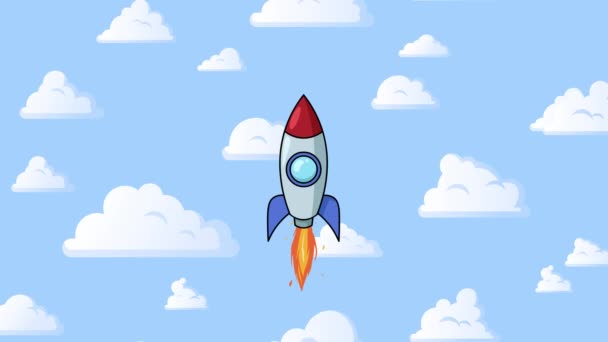Cohete de dibujos animados volando con nubes esponjosas en el cielo azul. Animación de bucle sin costura de fondo . — Vídeos de Stock