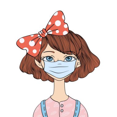 Tıbbi maskeli genç bir kız, yüzünde solunum cihazı var. Coronavirus dünya konseptine yayıldı. 2019-Ncov, Covid-19 salgını. Düz vektör çizimi, beyaz arkaplanda izole.