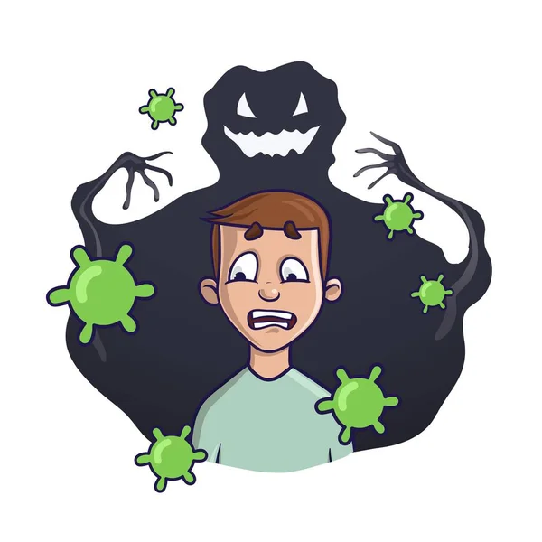 Phobia Coronavirus. Monster virus besar menakuti remaja laki-laki dengan virus yang menyebar. 2019-nCoV, wabah COVID-19. Ilustrasi vektor datar, diisolasi pada latar belakang putih . - Stok Vektor