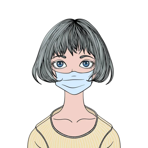 Menina adolescente com uma máscara médica, respirador no rosto. O coronavírus espalhou-se no conceito de mundo. 2019-nCoV, surto de COVID-19. Ilustração vetorial plana, isolada sobre fundo branco . —  Vetores de Stock