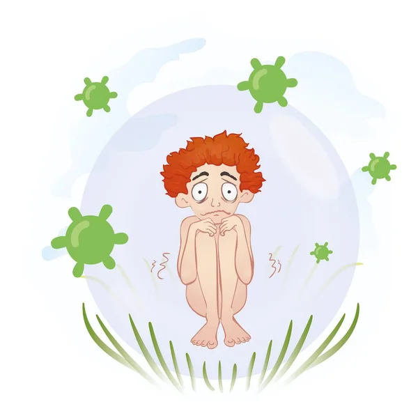 泡の中に赤い髪の10代の少年のウイルスを回避飛んで恐れている。コロナウイルス恐怖症。2019-nCV 、 COVID-19世界大流行。ウイルス性疾患の流行。平面ベクトル図孤立. — ストックベクタ