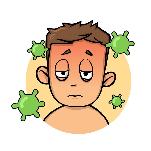 Sjuk pojke med hög temperatur och virus runt sig. Förebyggande av Coronavirus, karantän. Tecknad design ikon. Färgglad platt vektor illustration, isolerad. — Stock vektor