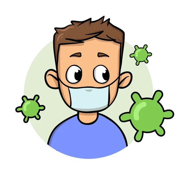 의료용 마스크를 쓴 10 대 소년, 바이러스들이 날아다니고 있습니다. 코로나 바이러스는 세계 개념으로 퍼져나갔습니다. 2019-nCoV, COVID-19 outbreak. 흰색 배경에 분리되어 있는 평면 벡터 삽화. — 스톡 벡터