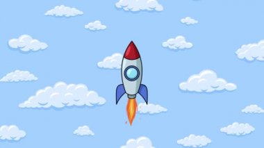 Cartoon rocket flying up with fluffy clouds around in the blue sky. Background seamless looping animation.