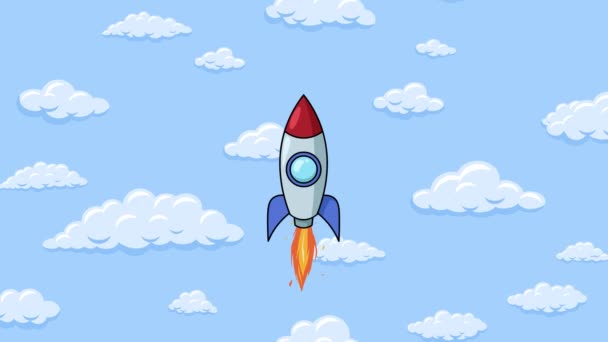 Cartoon rocket flying up with fluffy clouds around in the blue sky. Background seamless looping animation. — Stok video