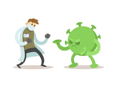 Karikatür doktoru büyük yeşil virüsle savaşıyor, koronavirüsü tedavi ediyor. Covid-19 Coronavirus kavramına karşı savaş. Düz vektör çizimi, beyaz arkaplanda izole.