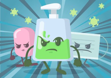 El yıkama jeli, sabun ve tıbbi maske kahramanlarının komik kompozisyonu. Coronavirus 'la sağlık hizmeti konseptiyle savaş. Düz vektör çizimi, yatay.