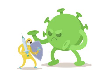 Kostümleri koruyan doktor büyük yeşil virüs canavarıyla savaşıyor. Covid-19 Coronavirus, Coronavirus salgını kavramı ile savaşın. Düz vektör çizimi, beyaz arkaplanda izole.