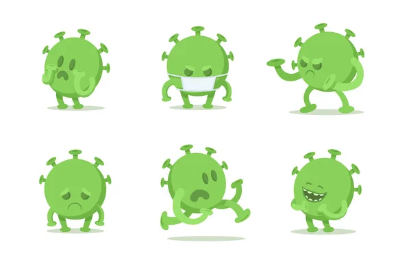 Ensemble de personnages de dessin animé coronavirus dans différentes poses. Micro-organisme viral vert. Situation de quarantaine, pandémie mondiale du virus Covid-19. Illustration vectorielle plate, isolée sur fond blanc . — Image vectorielle