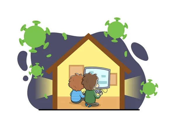 Två pojkar som spelar tv-spel och gömmer sig från virus. Stanna hemma under coronaviruset. Begreppet utbrott av coronavirus. Platt vektor illustration, isolerad. — Stock vektor