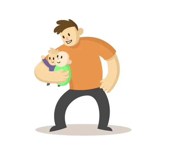 Happy dad holding two babies in his arms, cartoon character. Paternity concept. Flat vector illustration, isolated on white background. — Stock Vector