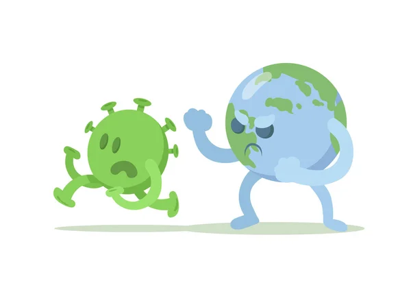 Earth Globe remporte le combat contre Coronavirus, composition de style dessin animé. Combattre le coronavirus covid-19, concept d'épidémie de coronavirus. Illustration vectorielle plate, isolée sur fond blanc . — Image vectorielle