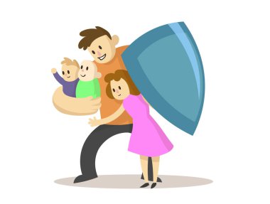 Genç baba ailesini bir kalkanla koruyor. Aile güvenliği, sigorta konsepti. Düz vektör çizimi, beyaz arkaplanda izole.