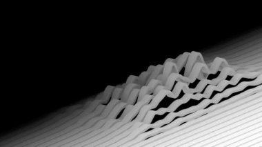 Beyaz çizgiler sallayarak siyah arkaplanda minimalist topografik yüzey oluşturuyorlar. Soyut CG animasyon döngüsü. 3d oluşturma.