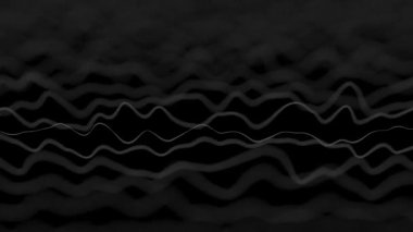 Beyaz çizgiler, siyah arkaplanda çarpıtılmış alan görüntüsü oluşturuyor. Soyut CG 3D canlandırma döngüsü, yan görünüm, alan etkisi derinliği.