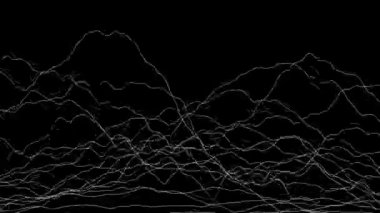 Beyaz çizgiler, siyah arkaplanda çarpıtılmış alan görüntüsü oluşturuyor. Soyut CG animasyonu, yan görünüm. 3B görüntüleme.