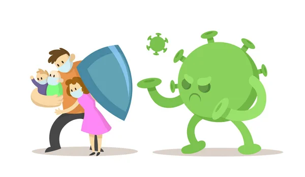 Far skyddar sin fru och sina barn från grönt virus med en sköld. Karantänsituation, Covid-19 virus-världspandemi. Platt vektor illustration, isolerad på vit bakgrund. — Stock vektor
