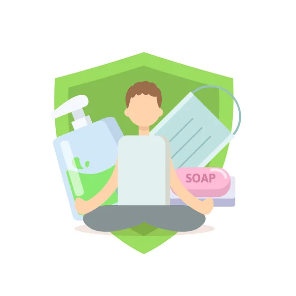 Homem dos desenhos animados meditando sobre produtos de higiene e fundo escudo verde. Garrafa anti-séptica, sabão e conceito de meditação máscara médica. Ilustração vetorial plana, isolada sobre fundo branco . — Vetor de Stock