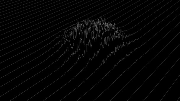 Beyaz çizgiler, siyah arkaplanda çarpıtılmış alan görüntüsü oluşturuyor. Soyut CG animasyonu, izometrik görünüm. 3B görüntüleme. — Stok video