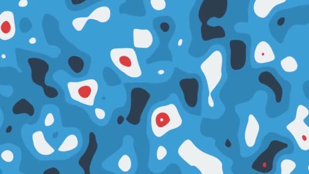 Blauwe, rode en witte abstracte achtergrond met bewegende ronde vormen. Geometrische beelden met abstract rimpeleffect. Motion design patroon, naadloze lus. — Stockvideo