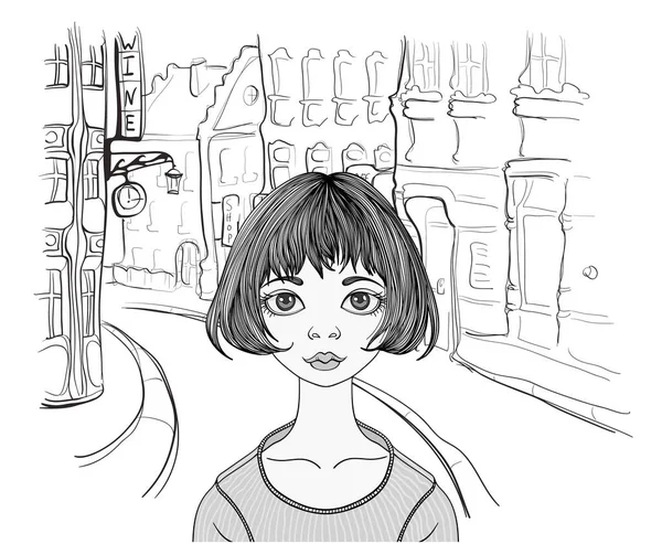 Teenage girl on empty street in the city standing alone. Ručně kreslený stylizovaný portrét smutné ženské postavy s velkýma očima. Plochá vektorová ilustrace na bílém pozadí. — Stockový vektor