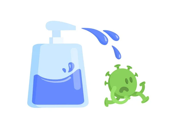 Grönt virus karaktär rädd för att bespruta tvättgel. Bekämpa coronavirus med sjukvården. Hygien, världens utbrott av COVID-19. Färgglada platt vektor illustration, isolerad på vit bakgrund. — Stock vektor