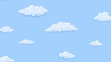 Mavi gökyüzünde dikey yüzen karikatür bulutları. Arkaplansız döngü canlandırması.