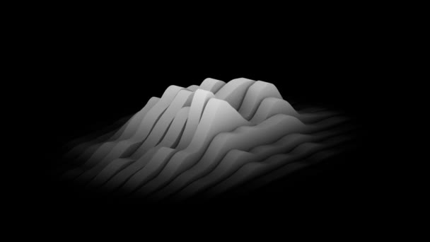 Wuivende witte lagen vormen een minimalistisch topografisch oppervlak op een zwarte achtergrond. Abstract CG animatie lus. 3d destructie. — Stockvideo