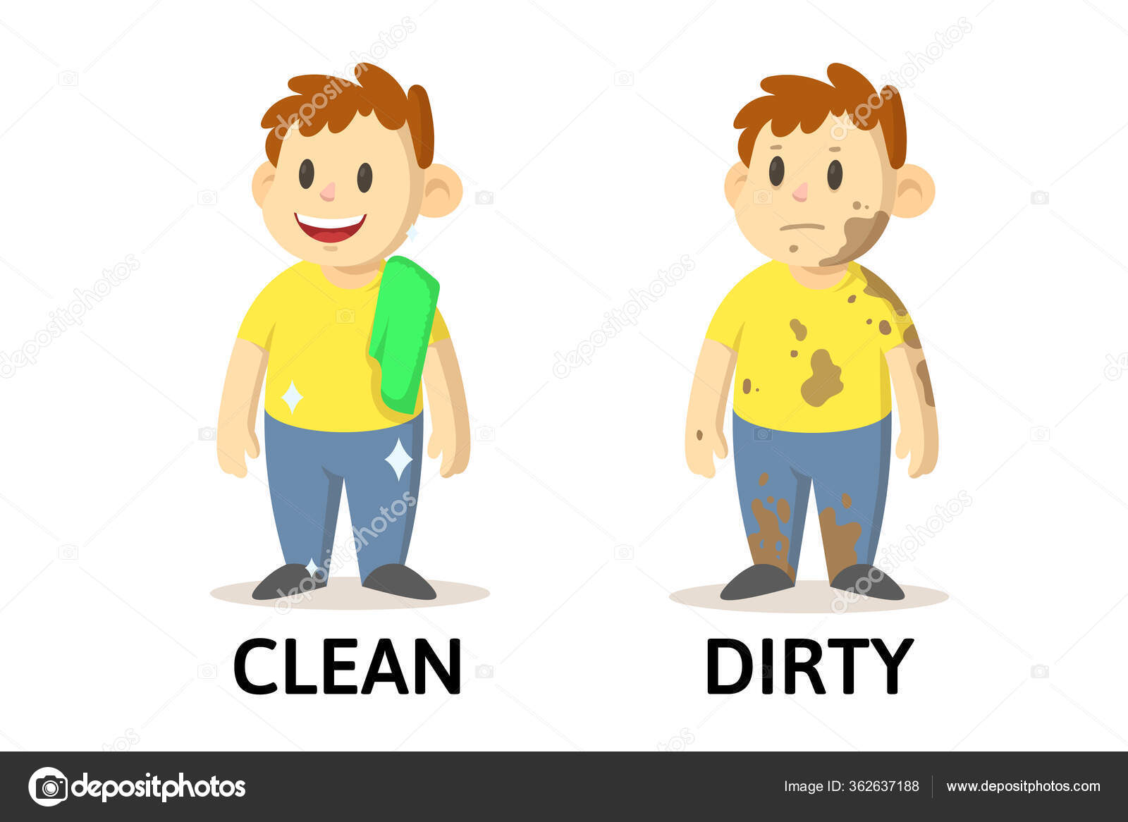 Words clean and dirty flashcard with cartoon characters. Opposite ...