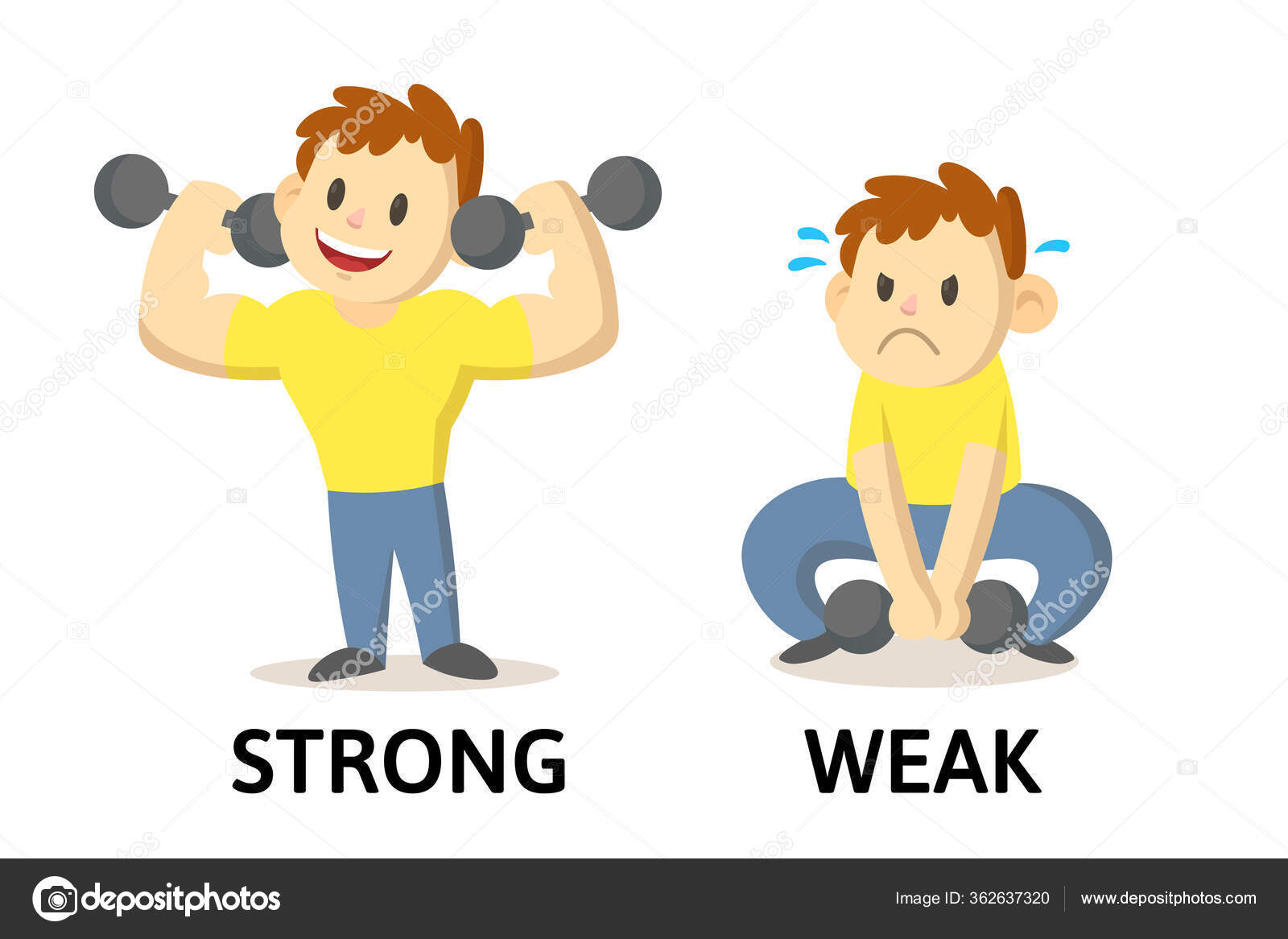Words strong and weak flashcard with cartoon characters. Opposite ...