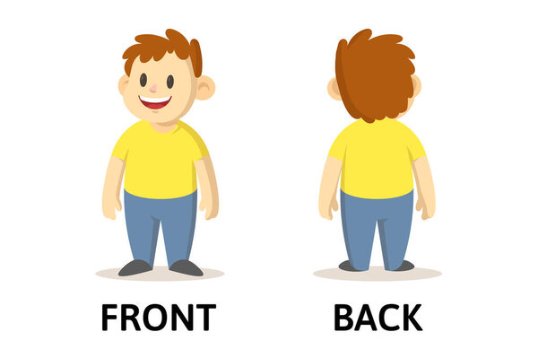 Words front and back flashcard with cartoon characters. Opposite adjectives explanation card. Flat vector illustration, isolated on white background.