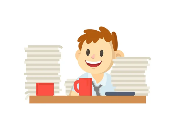 Smiling cartoon male character behind the desk with pile of papers on it. Flat vector illustration, isolated on white background. - Stock Image - Everypixel Smiling cartoon male character behind the desk with pile of papers on it. Flat vector illustration, isolated on white background. - Stock Image - Everypixel