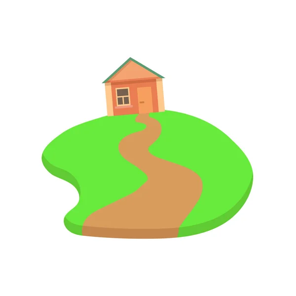 Cartoon σπίτι στο πράσινο γρασίδι με ένα μονοπάτι που οδηγεί στην πόρτα του. Επίπεδη διανυσματική απεικόνιση, απομονωμένη σε λευκό φόντο. — Διανυσματικό Αρχείο