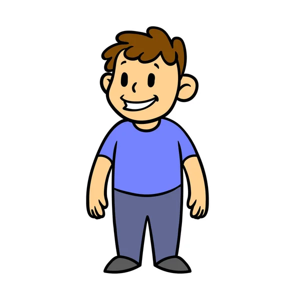 Niño sonriente con camisa azul de pie recta, diseño de personajes de dibujos animados. Ilustración vectorial plana, aislada sobre fondo blanco . — Vector de stock