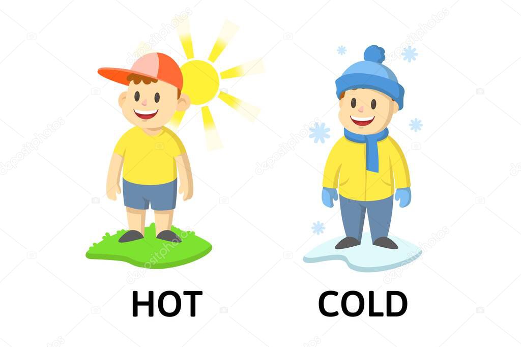 Words hot and cold flashcard with cartoon characters. Opposite adjectives explanation card. Flat vector illustration, isolated on white background.